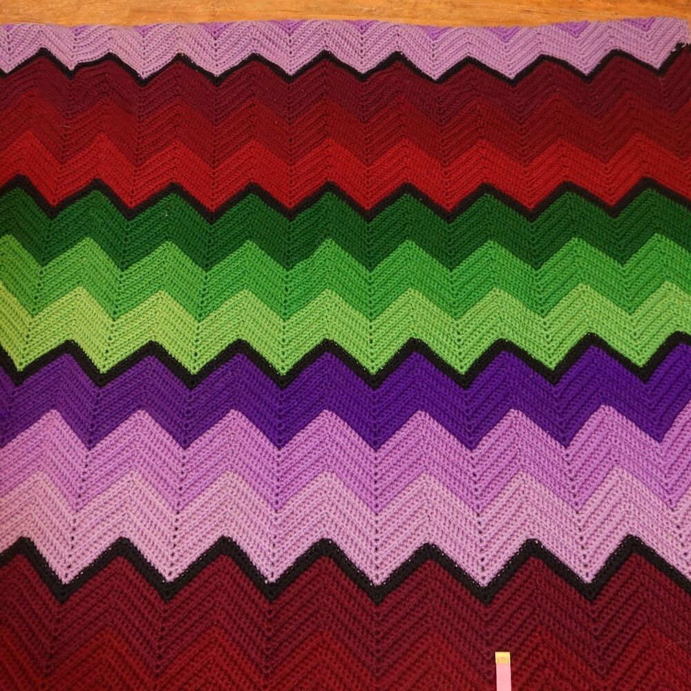 Handmade Vintage Grandma's Colorful Afghan Chevron Blanket Crochet Throw 74 x 80